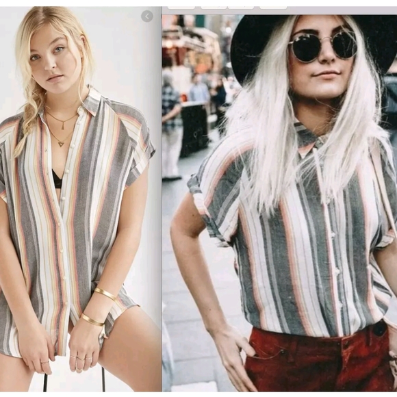 Urban Outfitters Tops - URBAN OUTFITTERS BDG AZURA BUTTON DOWN ROLL SLEEVE STRIPE TOP XS